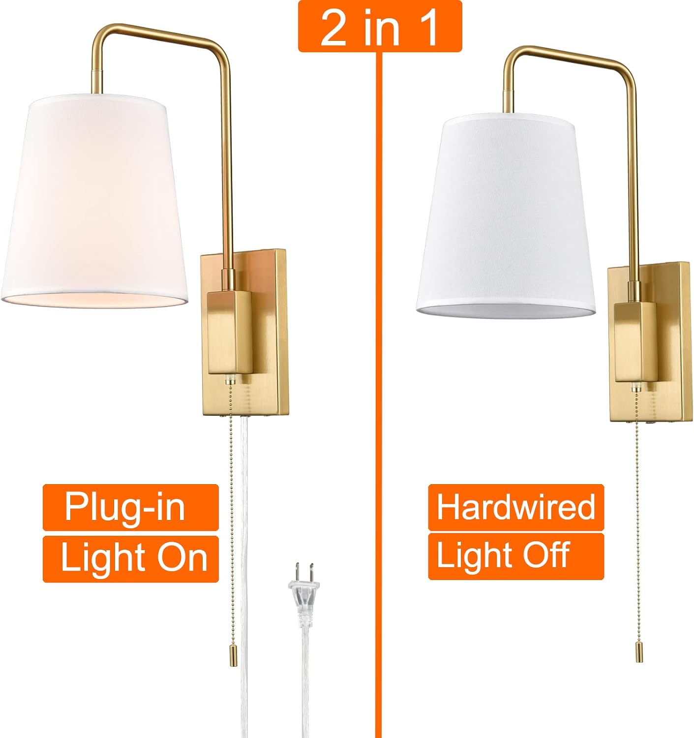 Wall Sconces Set of Two, Gold Fabric Shade Wall Sconce Bedroom Plug-in Wall Lamp Set of 2