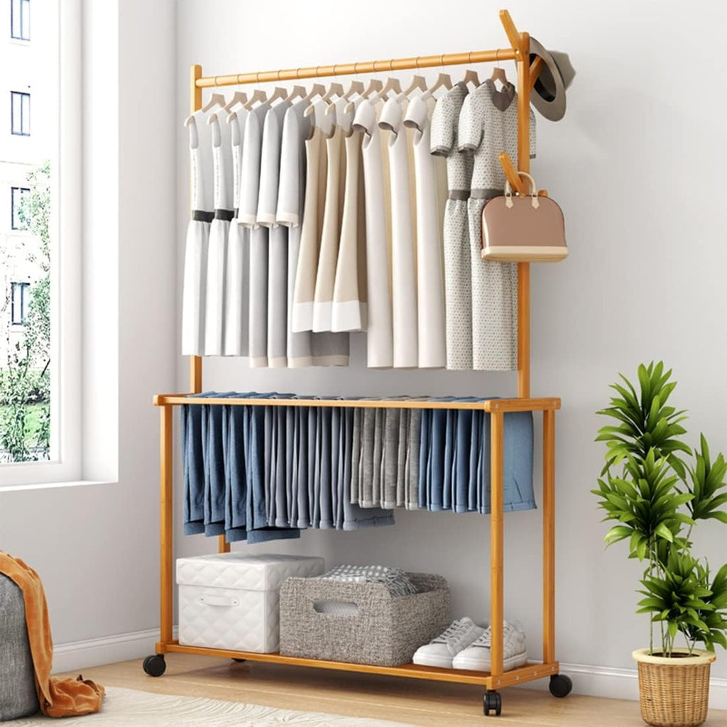 Coat Rack, Garment Rack Hanging Shelves Rolling Wardrobe Clothing Rack With 1 Shoe Shelf 4 Tree Hooks 14 Pants Racks And Hanging Bar Large Standing Bamboo Clothes Storage Max Load 75kg