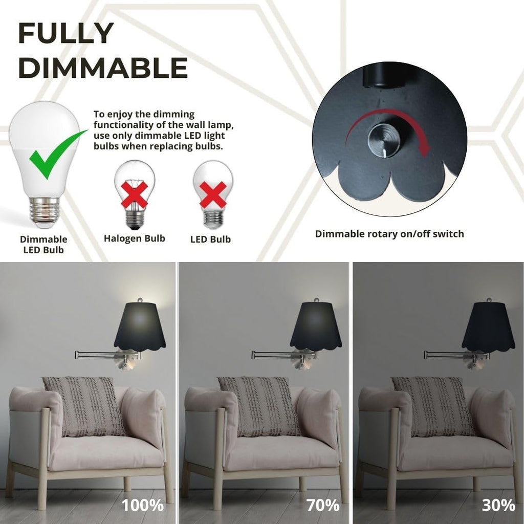 Royal Designs, Inc. Set of 2 Scalloped Swing-Arm Dimmable Wall Lamp - Black Lamp with Black Scallop Hardback Lampshade