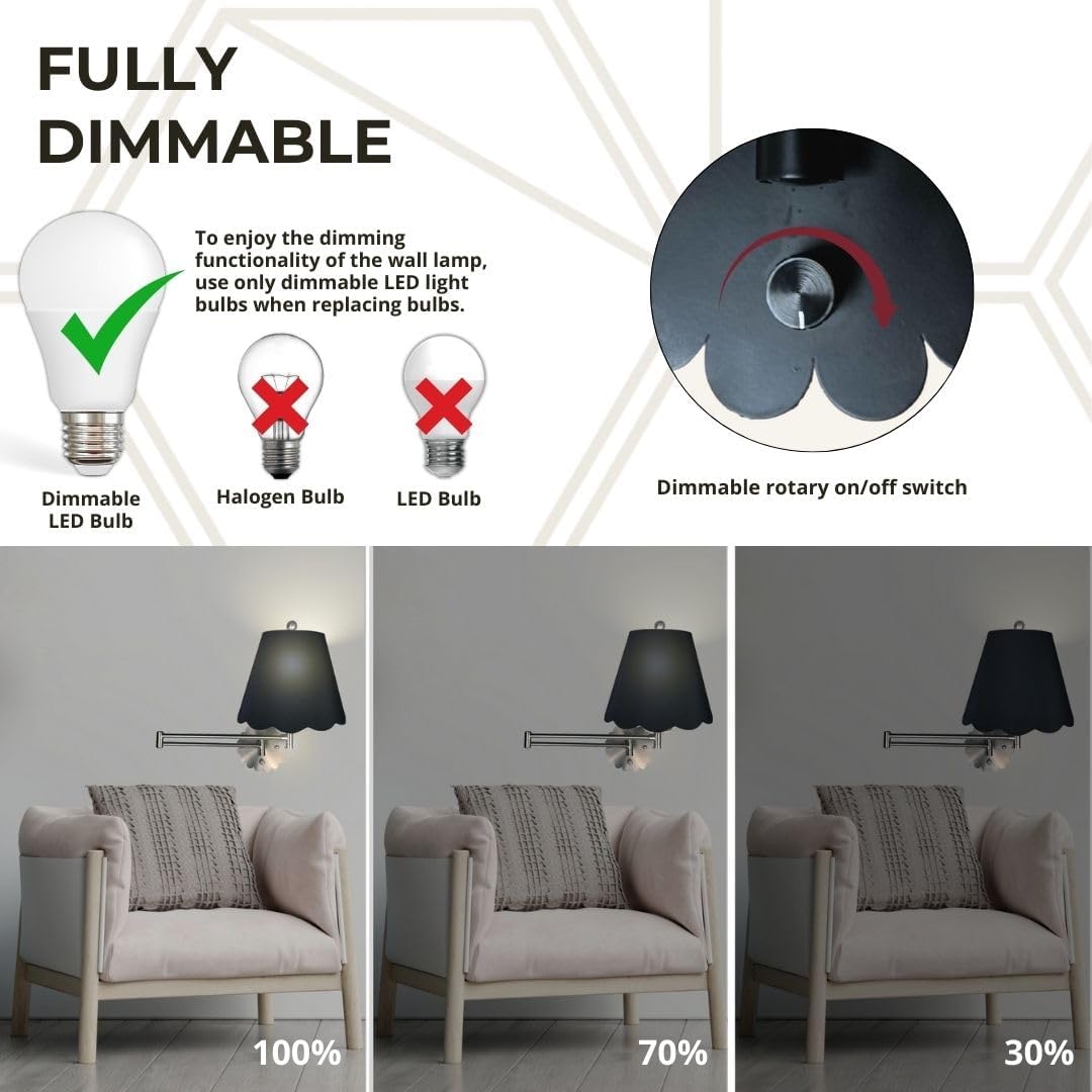 Royal Designs, Inc. Set of 2 Scalloped Swing-Arm Dimmable Wall Lamp - Black Lamp with Black Scallop Hardback Lampshade