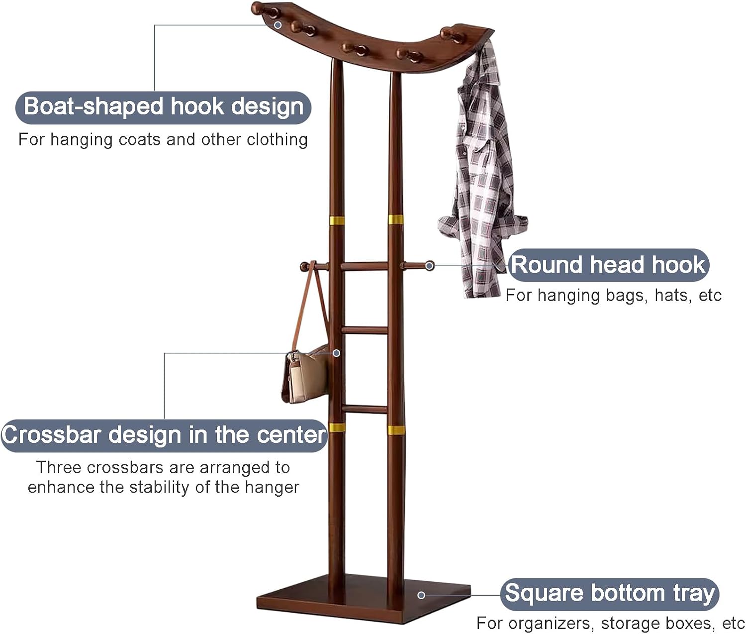 Multifunctional Bamboo Clothing Rack & Coat Rack - 12-Hook Organizer for Hanging Clothes, Perfect Bedroom Storage Solution & Hat Tree, Stylish & Durable Design