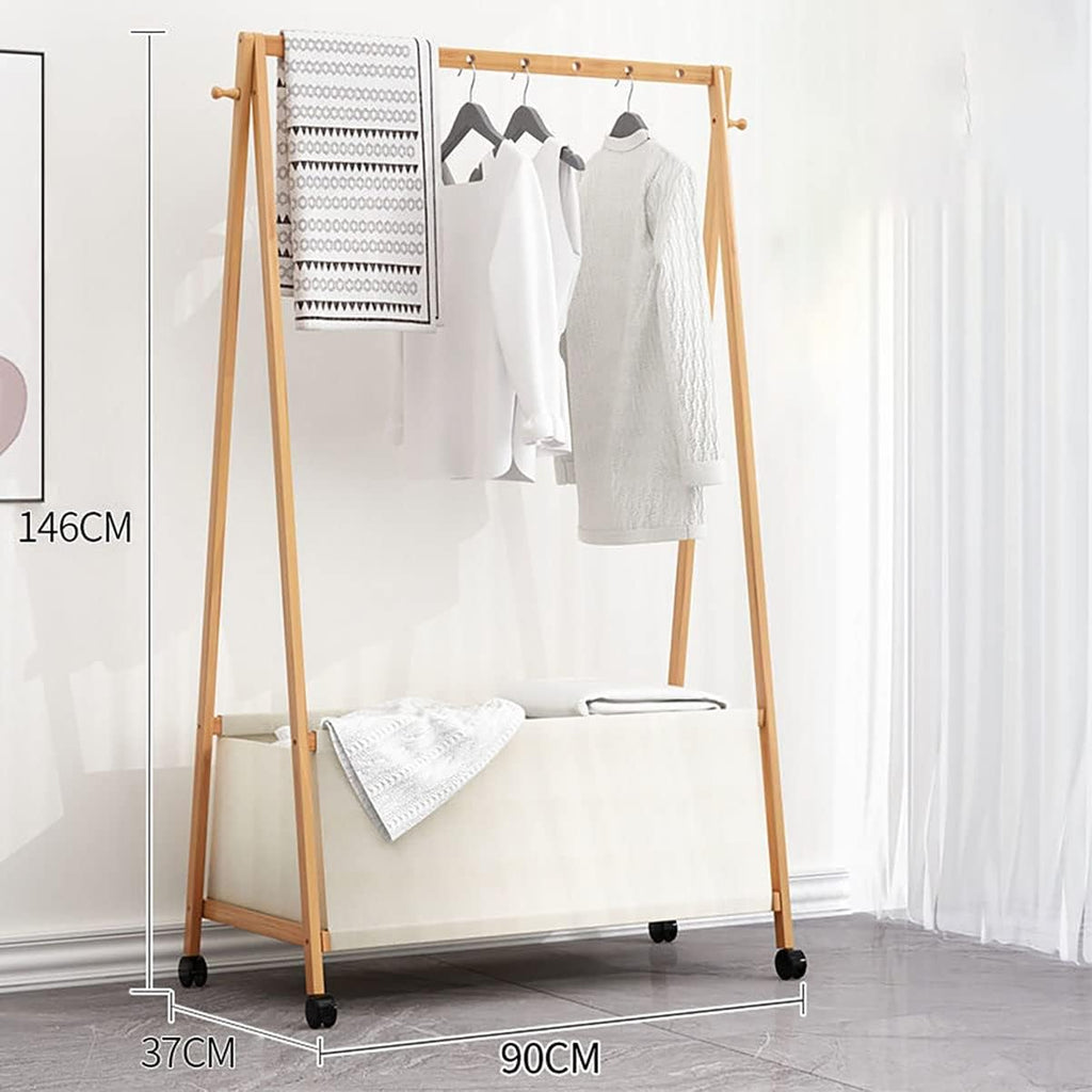 Foldable Clothes Hanging Rack, Bamboo Garment Rack On Wheels, for Bedroom Living Room, Space Saver,90 * 37 * 146cm