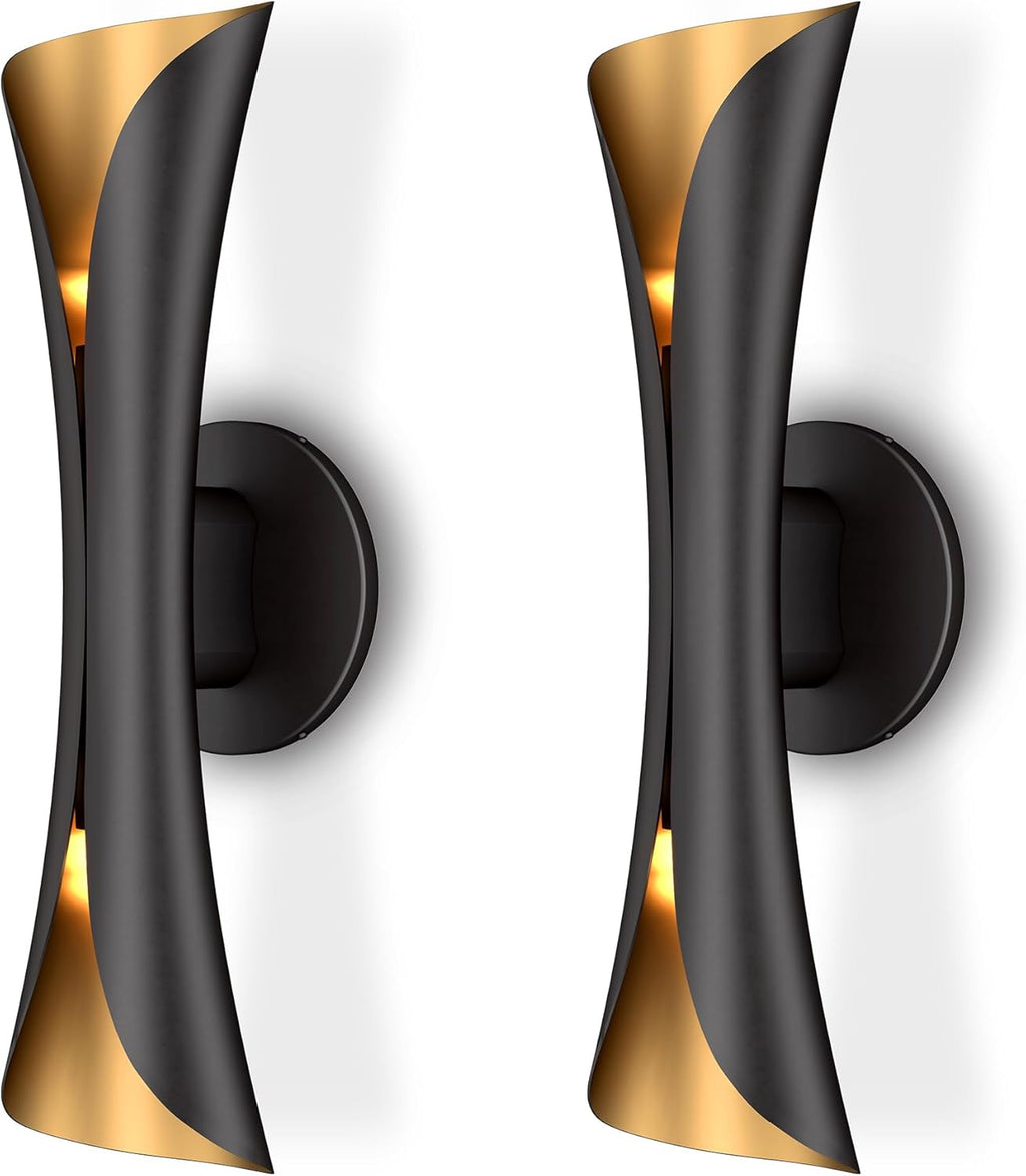 Tubicen Wall Sconces Set of Two Dimmable Mid-Century Modern Black and Gold Sconce Up Down Wall Lights Hardwired Indoor Art Deco Wall Sconces for Living Room Bedroom Movie Theater Hallway 15.7' H