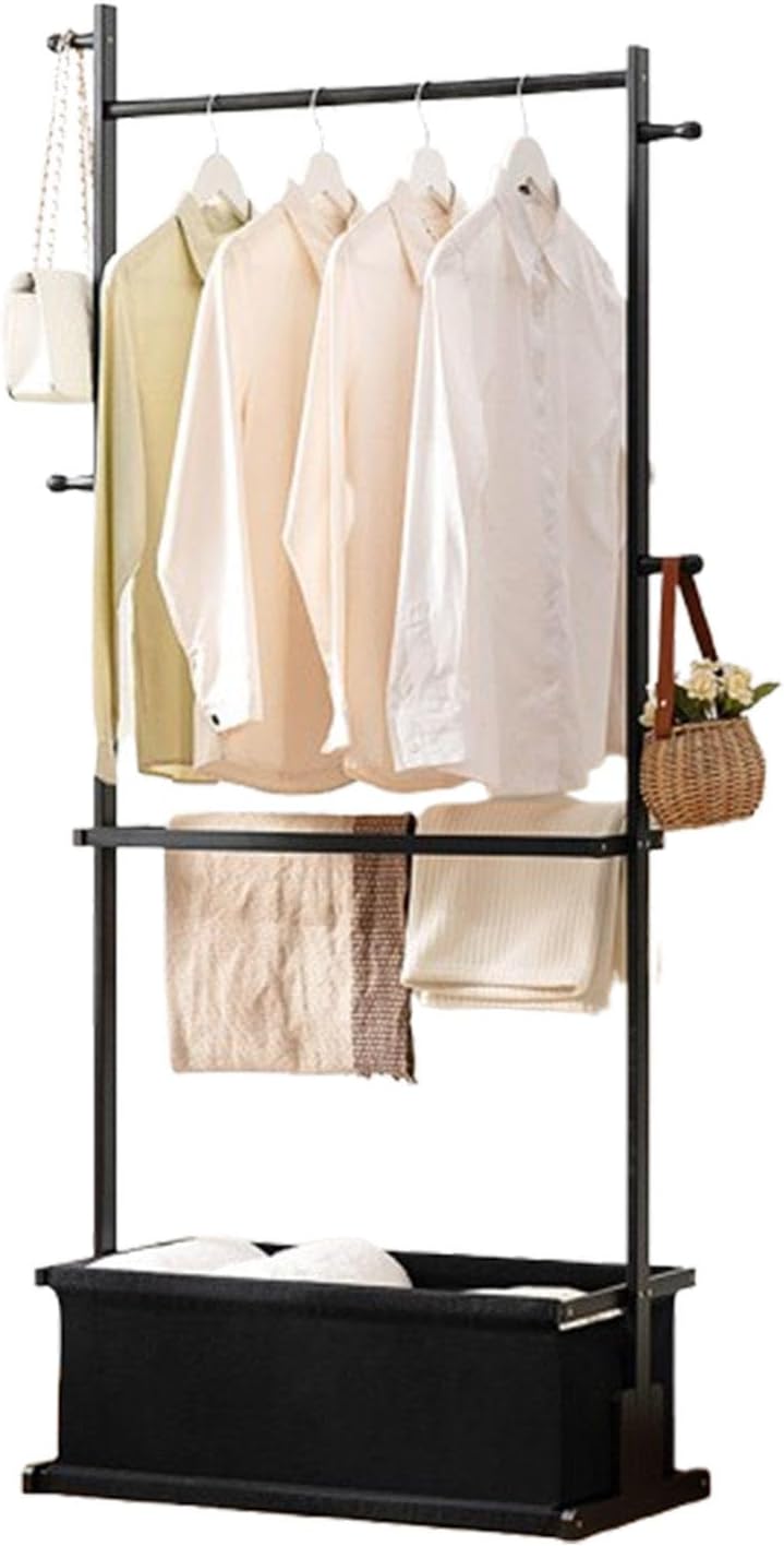 Bamboo Garment Rack Freestanding Clothes Hanging Shelf Bedroom Clothing Organiser Rack with Top Hanging Rod and Bottom Storage Shelves for Living Room Hallway Entryway,Black-70 * 34 * 167cm