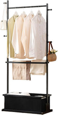 Bamboo Garment Rack Freestanding Clothes Hanging Shelf Bedroom Clothing Organiser Rack with Top Hanging Rod and Bottom Storage Shelves for Living Room Hallway Entryway,Black-70 * 34 * 167cm