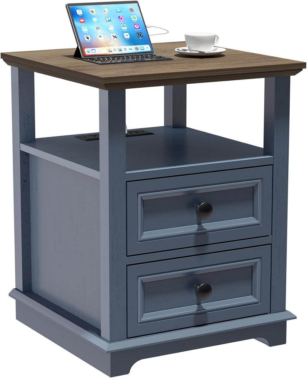 REDAYFUR 24' Tall Nightstand with Charging Station Set of 2, Fast Charge End Table Set of 2, Large 18' Bedside Table with Drawers, Storage Cabinet with Open Shelf for Bedroom, Blue