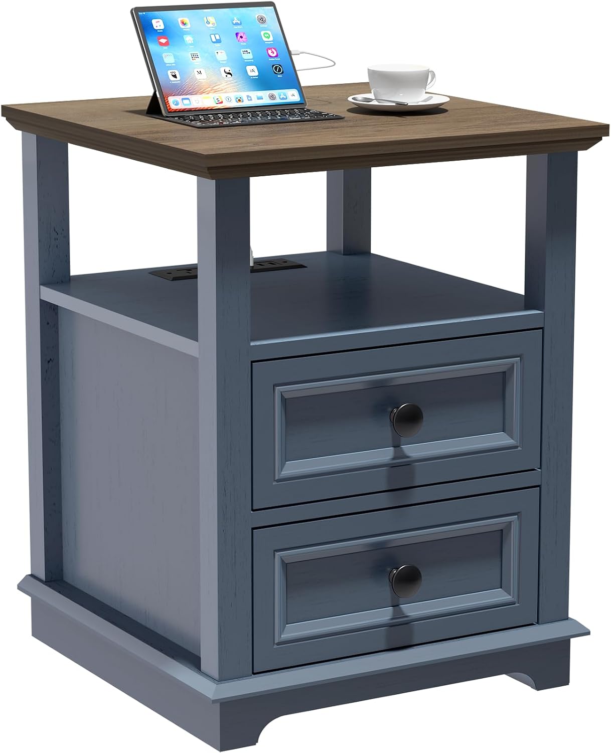 REDAYFUR 24' Tall Nightstand with Charging Station Set of 2, Fast Charge End Table Set of 2, Large 18' Bedside Table with Drawers, Storage Cabinet with Open Shelf for Bedroom, Blue