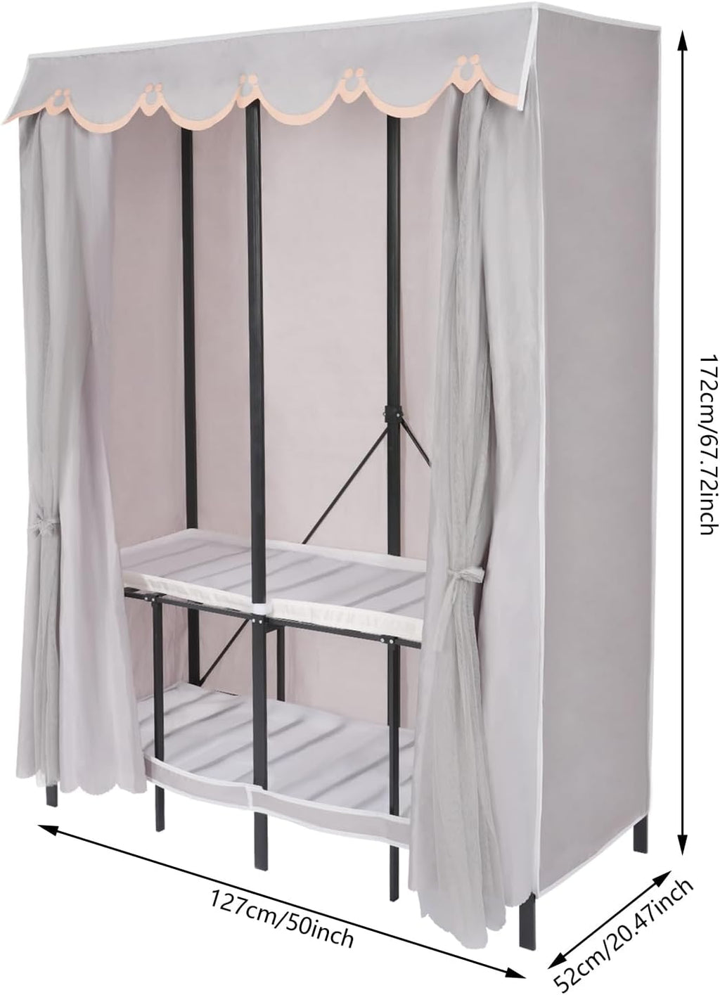 50x20x68 inch Wardrobe Closet Rack with Cover, 1100lbs Capacity Heavy-duty Metal Clothing Coat Storage Rack, Foldable Garment Rack for Hanging Clothes for Bedroom (Grey)