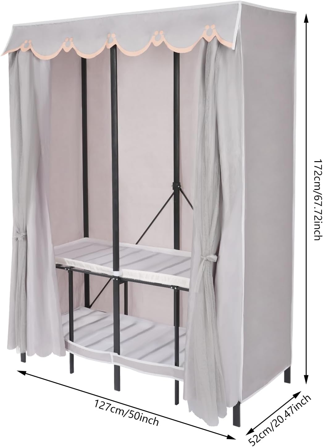 50x20x68 inch Wardrobe Closet Rack with Cover, 1100lbs Capacity Heavy-duty Metal Clothing Coat Storage Rack, Foldable Garment Rack for Hanging Clothes for Bedroom (Grey)