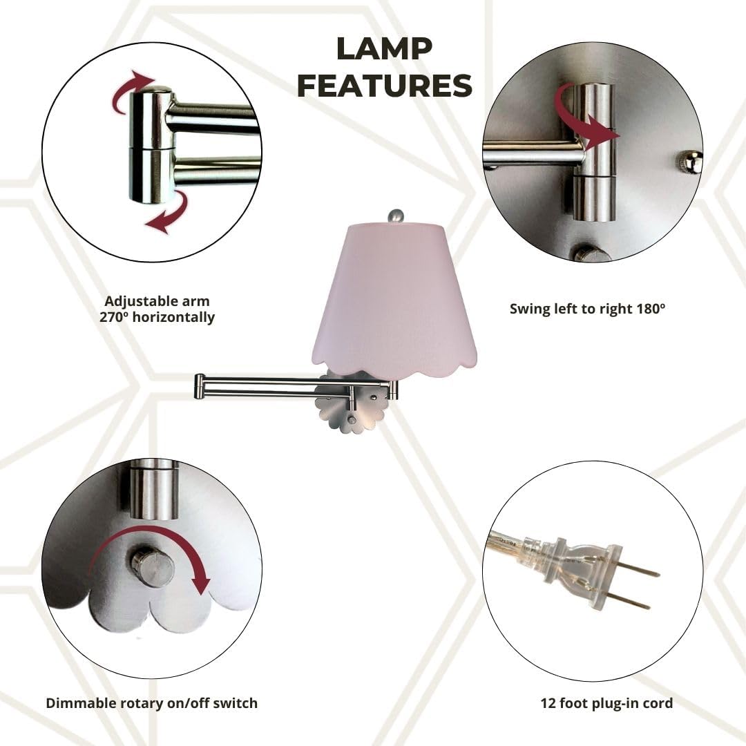 Royal Designs, Inc. Set of 2 Scalloped Swing-Arm Dimmable Wall Lamp - Brushed Nickel Lamp with Pink Scallop Hardback Lampshade