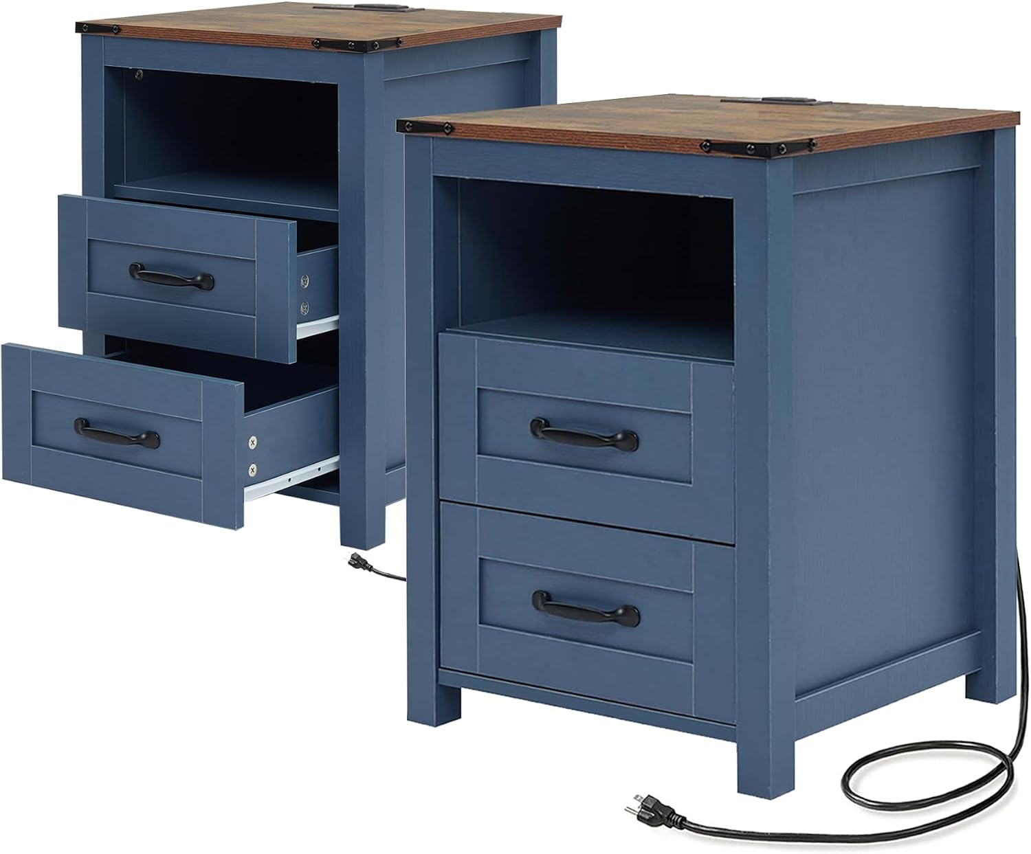 Farmhouse Nightstand Set of 2, Bedside Table with 2 Drawers Storage, Rustic Night Stand with Charging Station, End Table with Open Shelf for Bedroom, Blue