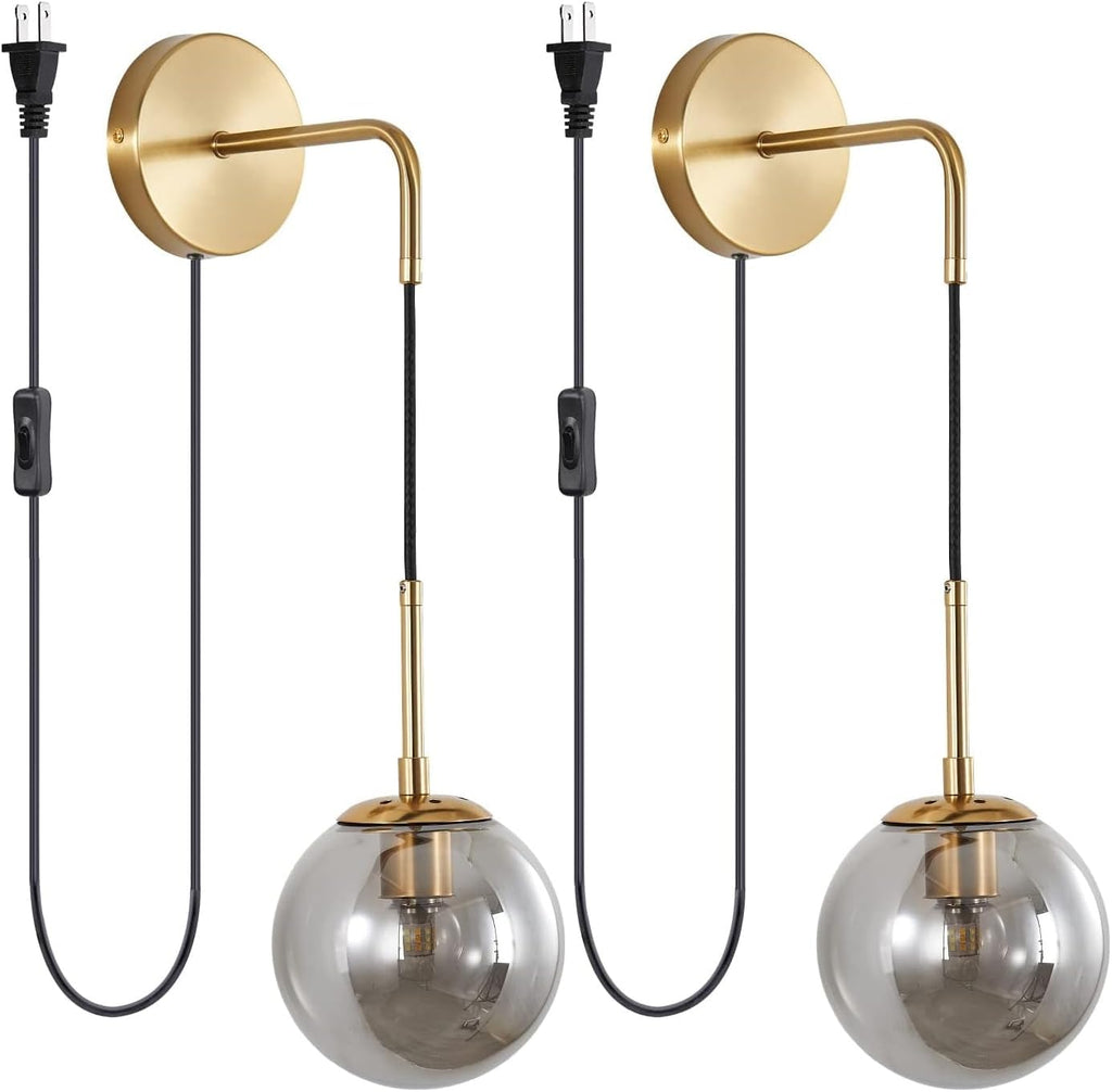 KCO Modern Globe Wall Sconce with Plug in Industrial Vintage Wall Lamp On/Off Switch Adjustable Minimalist 1-Light Mounted Reading Lamps for Bedroom Living Room Corridor(Smoke Gray & 2-Pack)