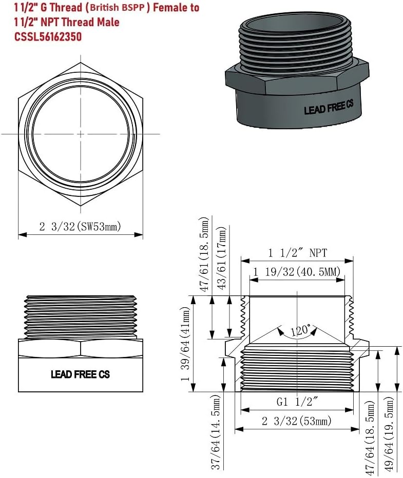 G Thread (British BSPP) Female to NPT Thread Male Pipe Fitting Adapter - Lead-Free Adapter (Four, 1 1/2 inch)