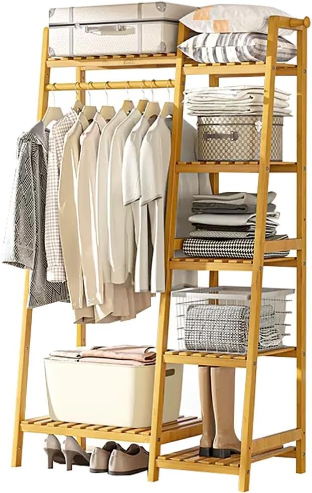 Bamboo Freestanding Clothes Rack with Top Shelf Hanging Rod and Shoe Rack Open Wardrobe Closet Storage nizer for Bedroom and Hallway