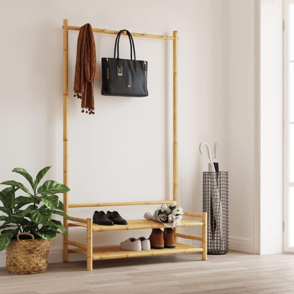 Clothes Rack, Natural Bamboo Compact Clothes Hanging Storage Organizer with Shelves, Entryway Garment Rack for Small Spaces, 15.7 x 40.6 x 72.0 in.