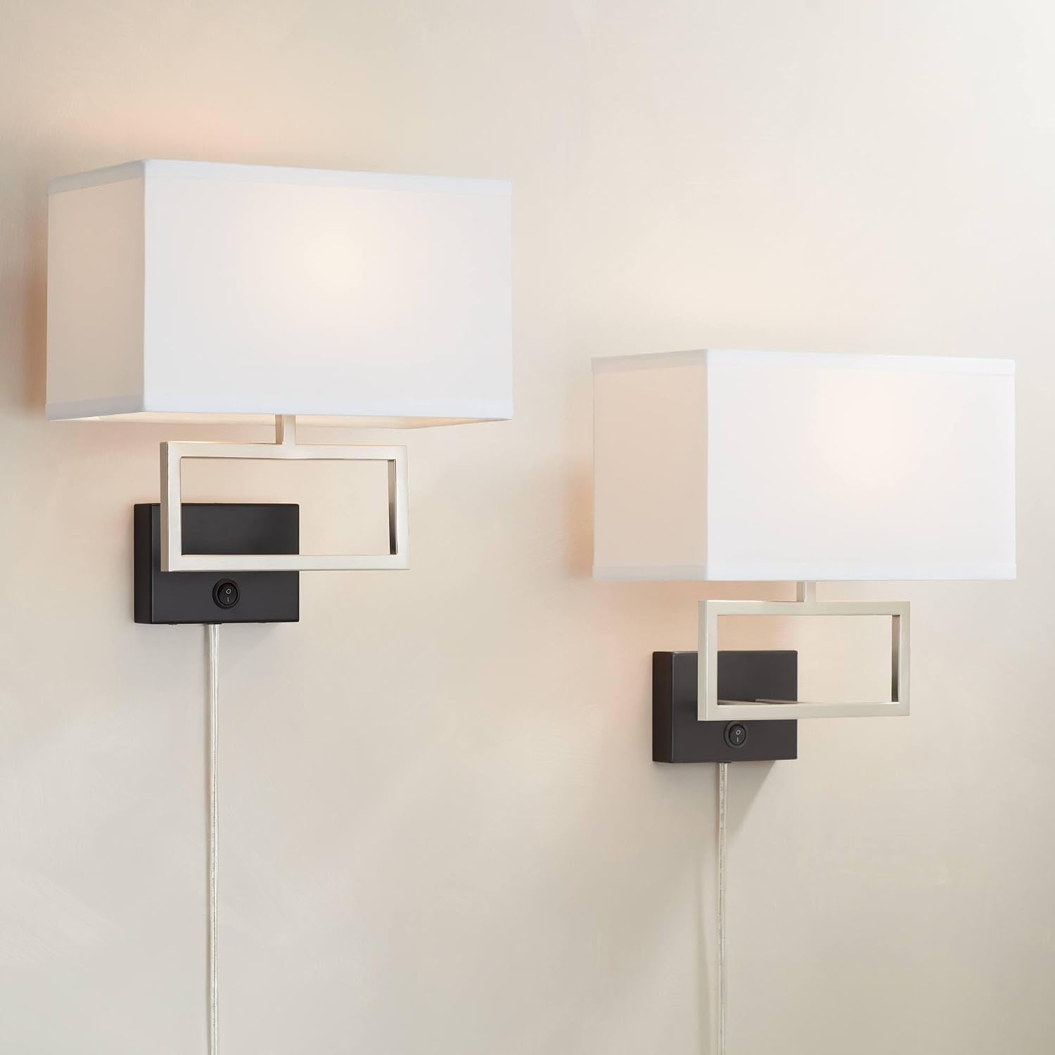 Possini Euro Design Trixie Modern Wall Lamps Set of 2 with Smart Sockets Brushed Nickel Plug-in 12' Fixture Rectangular Fabric Shades for Bedroom Bedside Reading Living Room Hallway House Home
