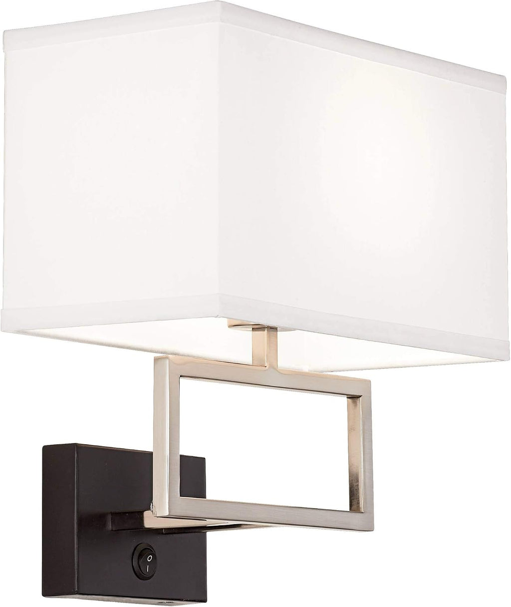 Possini Euro Design Trixie Modern Indoor Wall Lamp Brushed Nickel Silver Matte Black Plug-in Light Fixture Rectangular Fabric Shade for Bedroom Bedside House Reading Living Room Home Hallway Dining