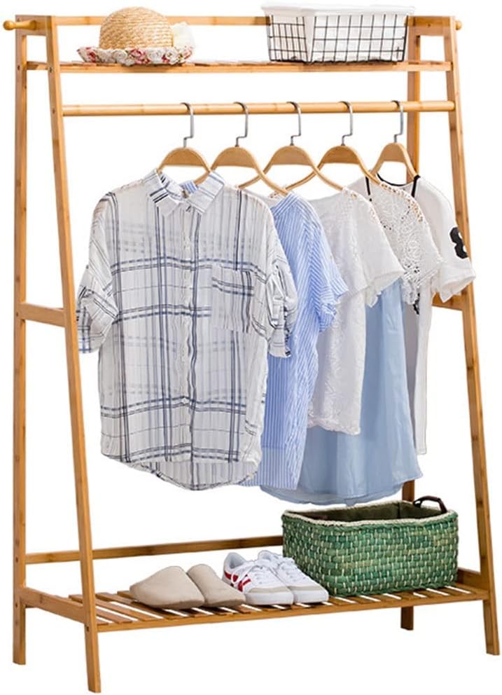 Bamboo Clothes Hanging Rack with 2 Coat Hooks Portable Laundry Rack Cloest Organizer Garment Rack for Bedroom Guest Room/50 * 40 * 140Cm (70*40*140cm )