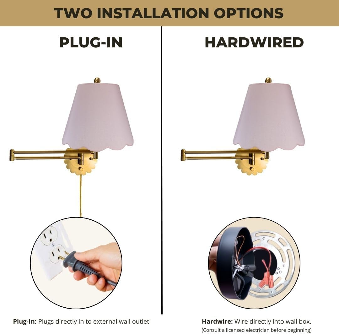 Royal Designs, Inc. Set of 2 Scalloped Swing-Arm Dimmable Wall Lamp - Brushed Satin Brass Lamp with Pink Scallop Hardback Lampshade