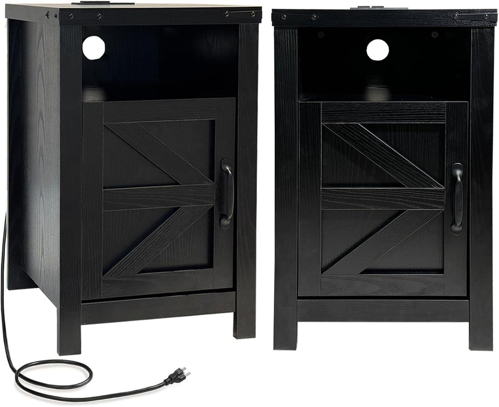 Farmhouse Nightstand Set of 2 with Charging Station, Modern Bedside Table with Barn Door and Shelf, Sofa Side Table End Table for Bedroom, Living Room, Black