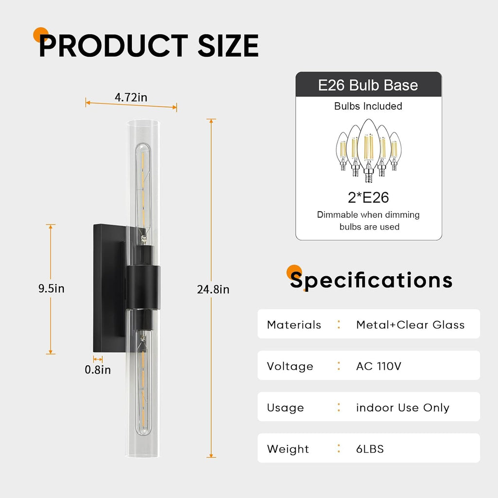 24.8' L Wall Sconces 2-Lights Black Wall Lights Fixtures Morden Cylinder Wall Light for Bathroom Vanity Light Indoor Wall Mounted Lamps for Living Room,Bedroom,Hallway