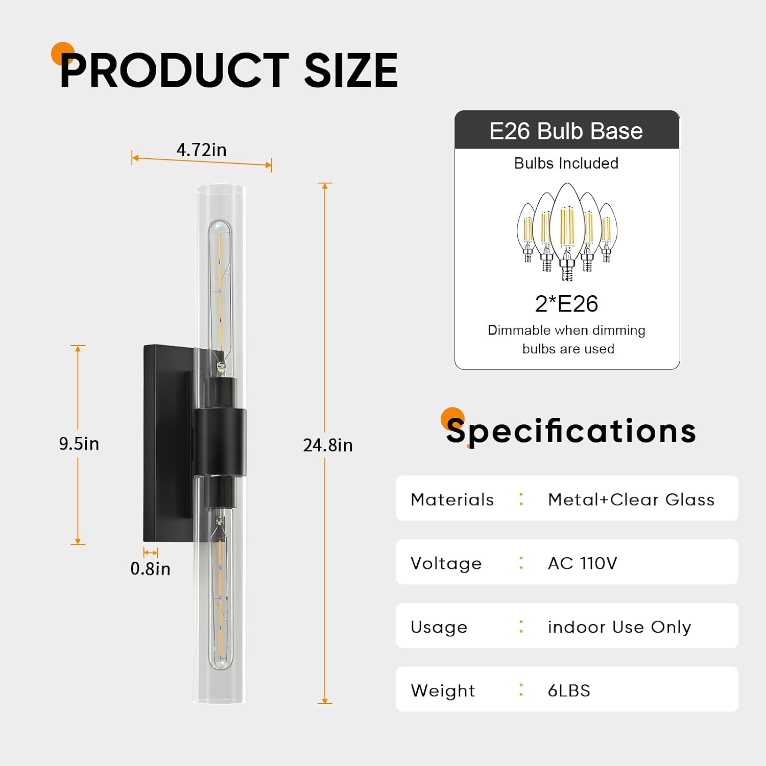 24.8' L Wall Sconces 2-Lights Black Wall Lights Fixtures Morden Cylinder Wall Light for Bathroom Vanity Light Indoor Wall Mounted Lamps for Living Room,Bedroom,Hallway
