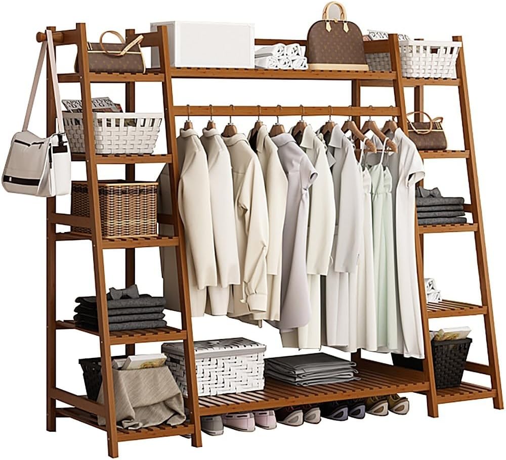 Bamboo Clothes Rail Stand - Freestanding Coat Garment Rack with Hanging Rod, Trapezoid Structure, Open Wardrobe Storage Organiser/A/50 * 40 * 140Cm,B,160 * 40 * 140Cm