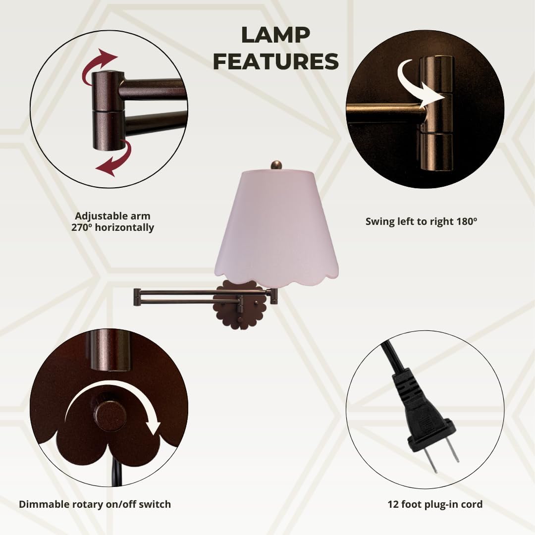 Royal Designs, Inc. Set of 2 Scalloped Swing-Arm Dimmable Wall Lamp - Oil Rubbed Bronze Lamp with Pink Scallop Hardback Lampshade