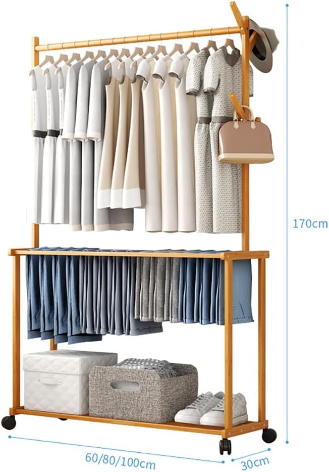 Coat Rack, Garment Rack Hanging Shelves Rolling Wardrobe Clothing Rack With 1 Shoe Shelf 4 Tree Hooks 14 Pants Racks And Hanging Bar Large Standing Bamboo Clothes Storage Max Load 75kg