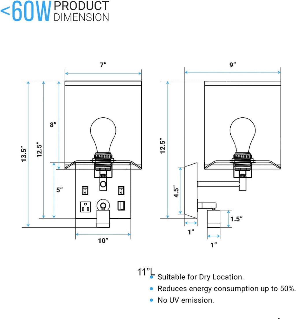 LEDMyplace Wall Sconces Set of 2 LED Indoor Wall Sconce, Bedside Light Fixture with USB Ports & Outlet, White Fabric Shade, Black Metal Finish Wall Lamps for Bedroom, Living Room