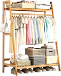 Coat Rack, Clothing Rack Small Clothes Rack With 2 Shelf Freestanding Bamboo Garment Rack Easy To Assemble Clothes Hanging Rack With Side Hooks Hold Up To 80kg