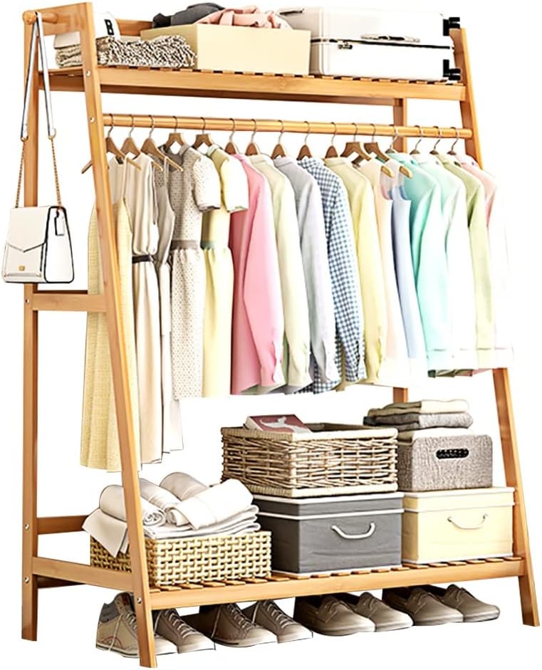 Coat Rack, Clothing Rack Small Clothes Rack With 2 Shelf Freestanding Bamboo Garment Rack Easy To Assemble Clothes Hanging Rack With Side Hooks Hold Up To 80kg