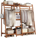 Heavy Duty Clothes Rail, Portable Extra Large Garment Rackwith 5 Partition, Bamboo Coat Rack for Hanging Clothes, Easy to Install for Clothes Shoes Storage
