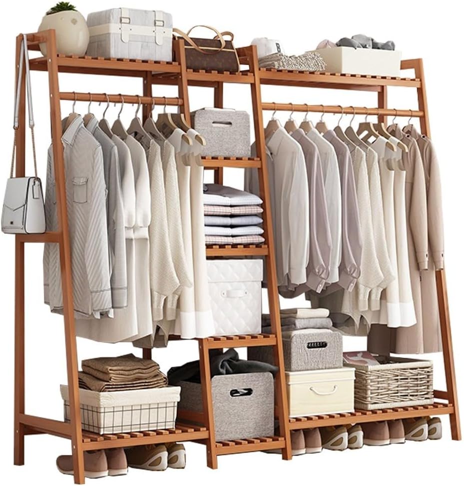 Heavy Duty Clothes Rail, Portable Extra Large Garment Rackwith 5 Partition, Bamboo Coat Rack for Hanging Clothes, Easy to Install for Clothes Shoes Storage