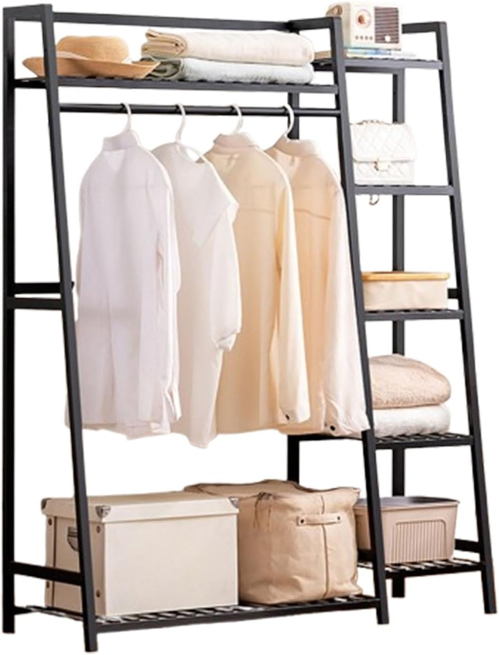 Bamboo Clothing Garment Rack, 5 Tier Clothes Storage Hanging Rack, Portable Wardrobe Closet Organizer Shoe Storage Shelves for Living Room Bedroom Hallway Entryway,A,110cm