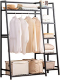 Bamboo Clothing Garment Rack, 5 Tier Clothes Storage Hanging Rack, Portable Wardrobe Closet Organizer Shoe Storage Shelves for Living Room Bedroom Hallway Entryway,A,110cm