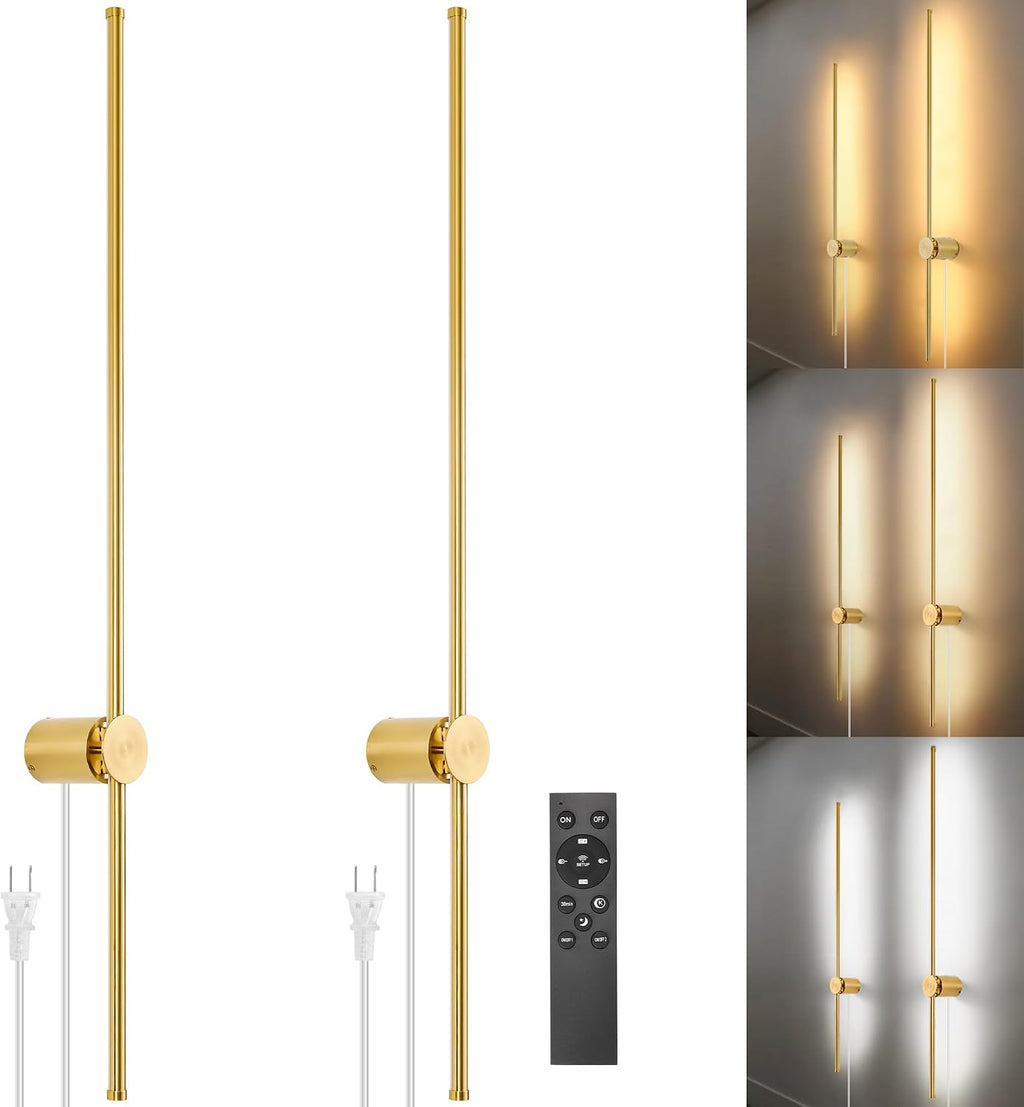 GOODATE Wall Sconces Set of Two with Remote, Stepless Colors 3000K-6500K & Stepless Dimming, Hardwire or Plug-in, 180° Rotate, LED Gold Plug in Wall Sconces with Timer & Night Light, 39.4 Inches