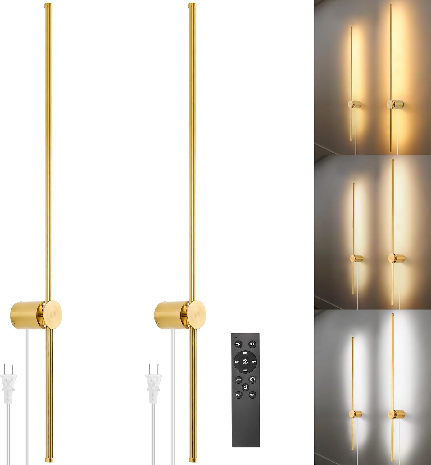 GOODATE Wall Sconces Set of Two with Remote, Stepless Colors 3000K-6500K & Stepless Dimming, Hardwire or Plug-in, 180° Rotate, LED Gold Plug in Wall Sconces with Timer & Night Light, 39.4 Inches