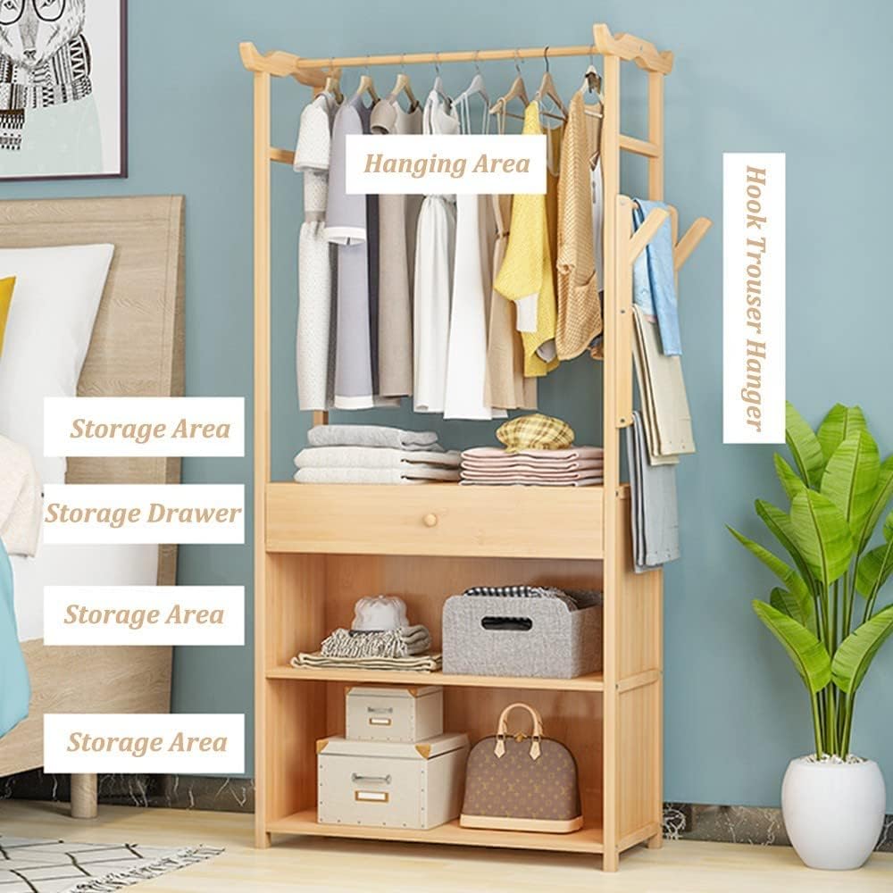 Minimalist Bamboo Garment Rack with Storage Shelf, for Hanging Clothes, for Entryway Bed Room, 90x30x167cm