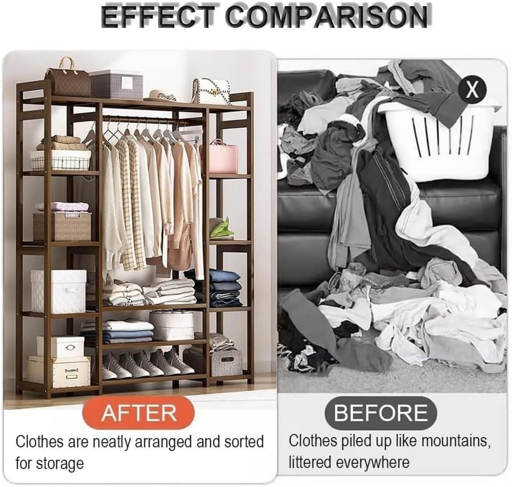 Garment Rack with 13-Tier Storage Shelves Back and Tidy Rail,Bamboo Clothes Rail, Open Wardrobe Closet, Clothing Standing Rack for Bedroom Hallway Entryway,130x30x150