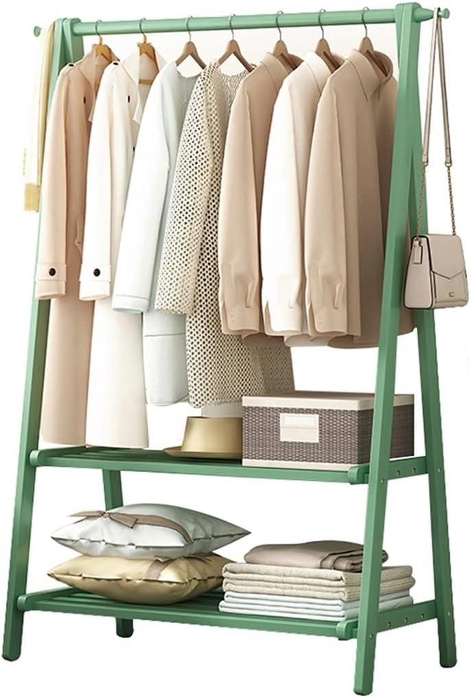 Bamboo Wood Garment Rack, with Storashelves, Clothes Hanging Rack, for Entryway Living Bedroom/Green/116 * 40 * 160Cm