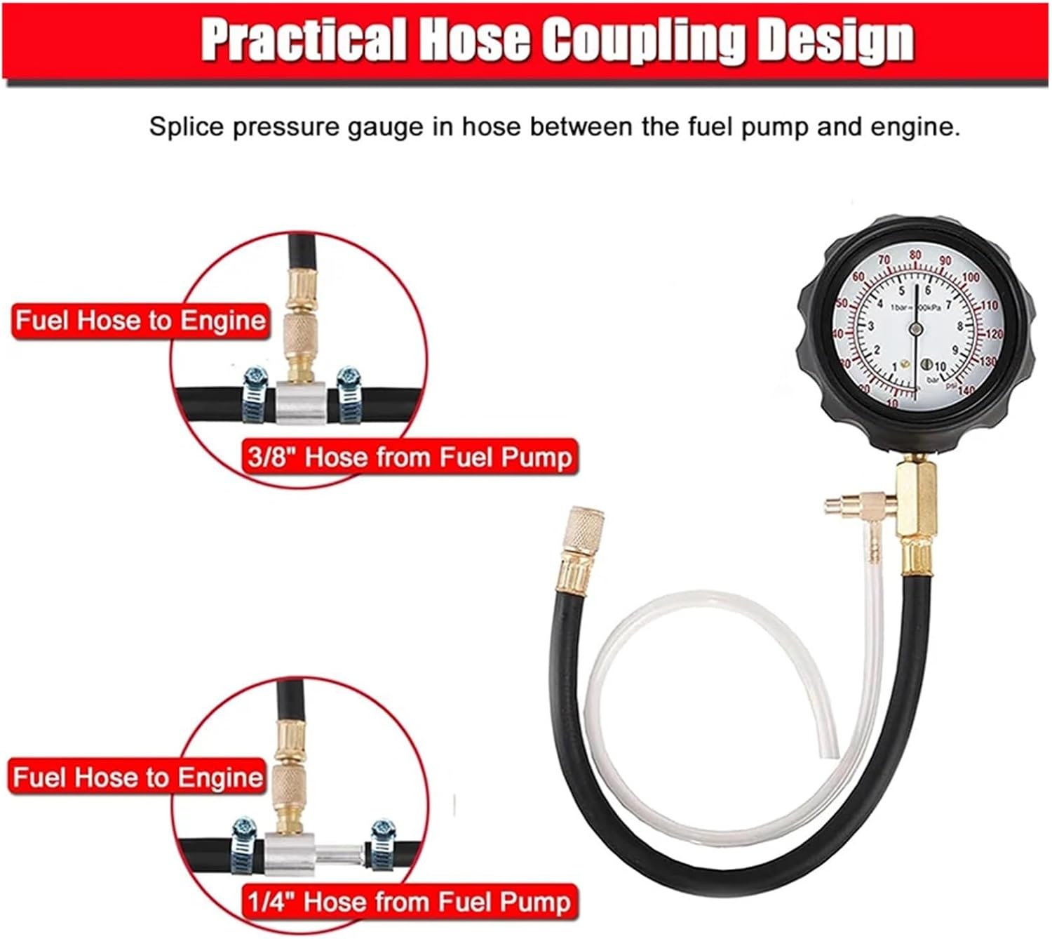 TU-114 Fuel Injector Pressure Gauge Tester Kit Compatible For Diesel Engine Compression 0-140 PSI Gas Oil Pressure Tools for Car Motorcycle