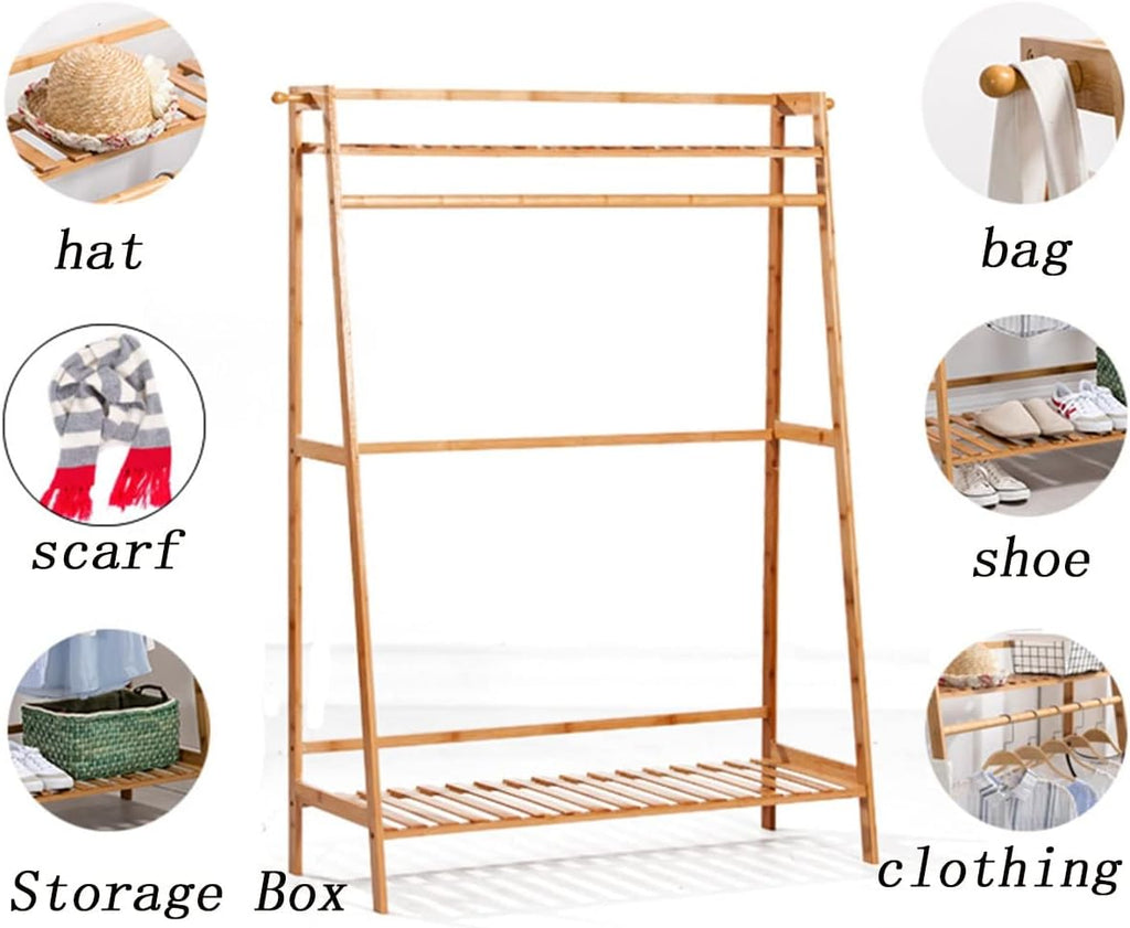 Bamboo Clothes Hanging Rack with 2 Coat Hooks Portable Laundry Rack Cloest Organizer Garment Rack for Bedroom Guest Room/50 * 40 * 140Cm (70*40*140cm )