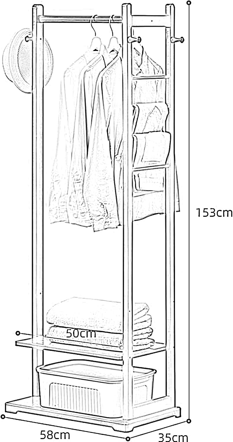 Garment Rack Bamboo Clothing Rack, Corner Coat Rack Stand Hall Trees For Entryway Bedroom And Living Room, Free Standing Clothes Hanging Rail With 2 Shelves, 3 Hooks And Pants Hanger(Color:Brown)