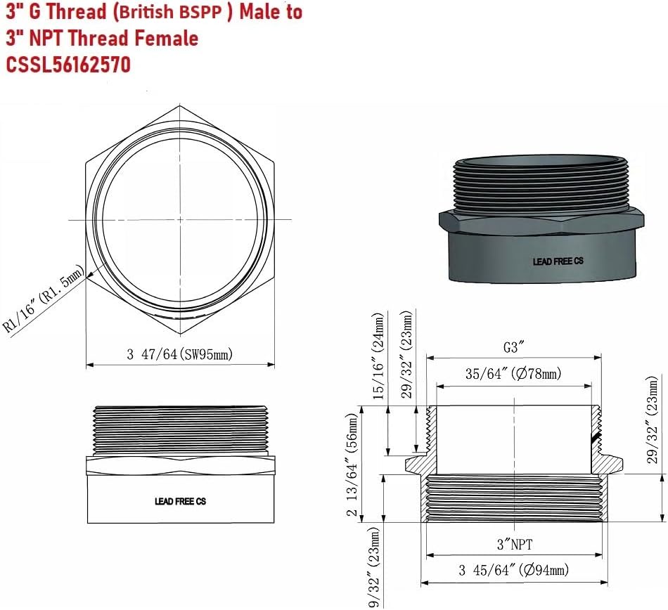 Cascada Lead-Free Brass Adapter, G Thread British BSPP Male to NPT Female (3' x 3' (2 Pieces))