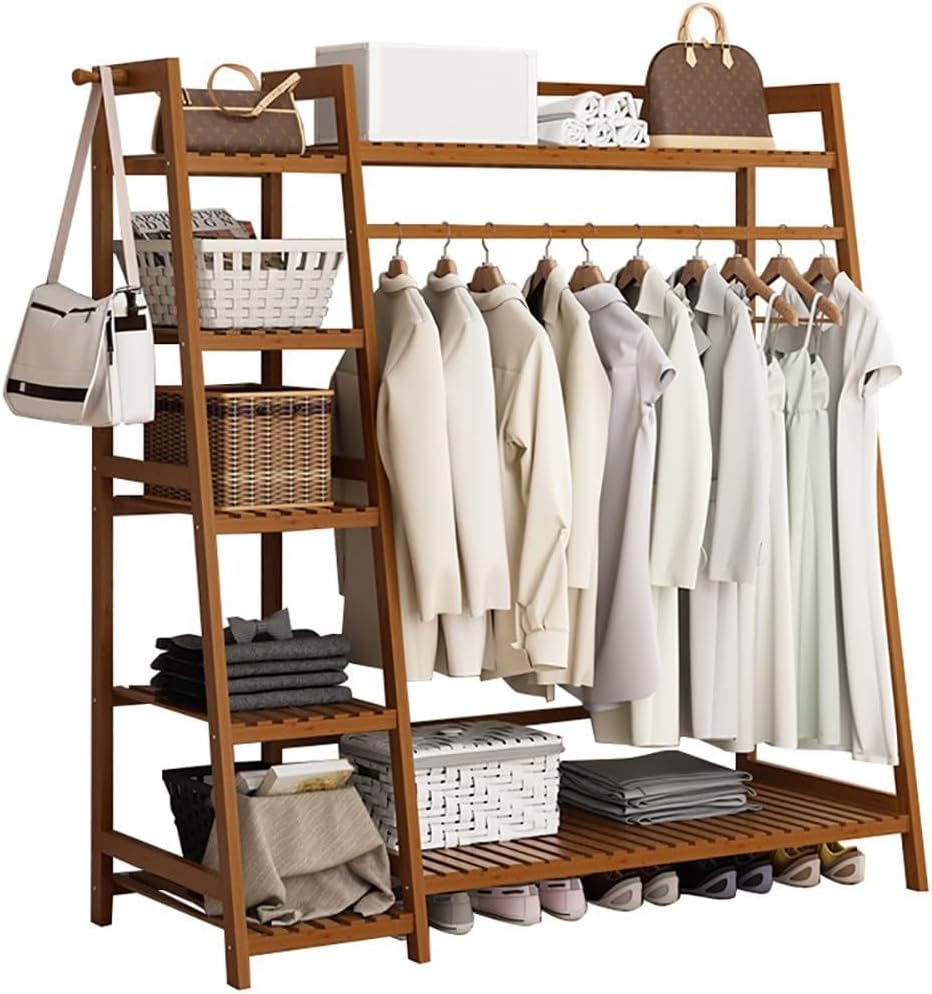 Bamboo Clothes Rail Stand - Freestanding Coat Garment Rack with Hanging Rod, Trapezoid Structure, Open Wardrobe Storage Organiser/A/50 * 40 * 140Cm,B,130 * 40 * 140Cm