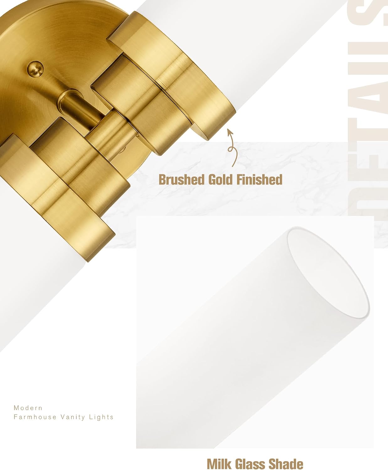 Emak 2 Pack Brushed Gold Bathroom Light Fixtures, 2 Light Bathroom Vanity Light with Milk Glass Shade, 22 Inch Modern Wall Sconce for Bath, Mirror, VL085-BGD-ML-2-PK