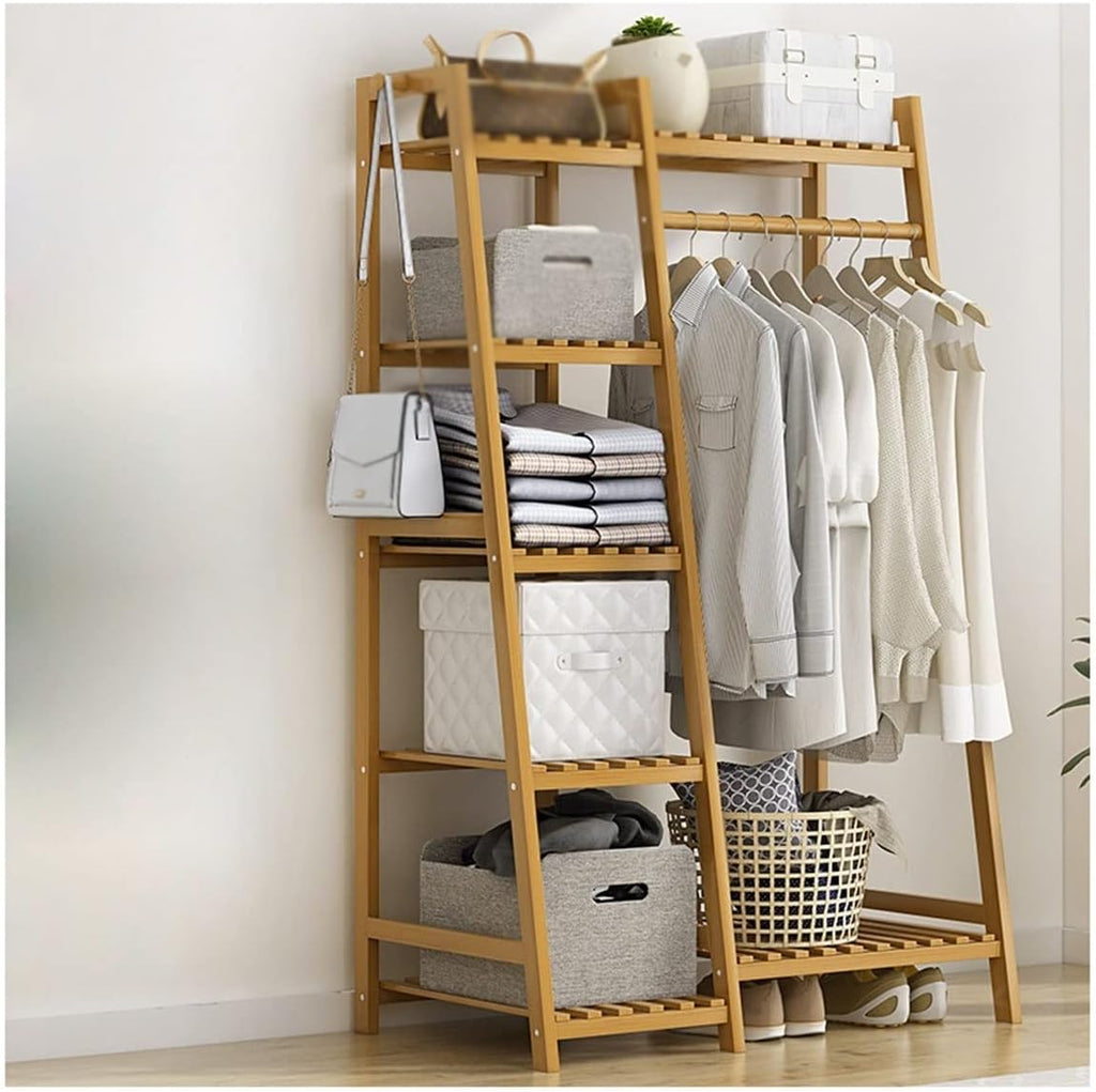 Heavy Duty Clothes Hanging Rack, Bamboo Garment Rack, 7-Tier Storage Shelves, Bedroom Wardrobe Closet Organizer