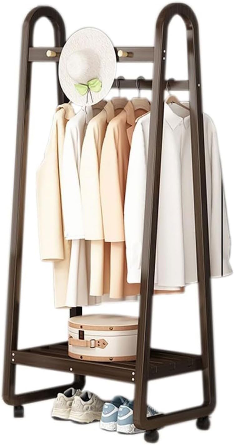 Multifunctional Bamboo Clothes Rack on Wheels Movable Garment Hanging Rail with 3 5 Hooks & Shoe Storage Shelf Stylish Bedroom & Living Room nizer (Walnut 50CM)