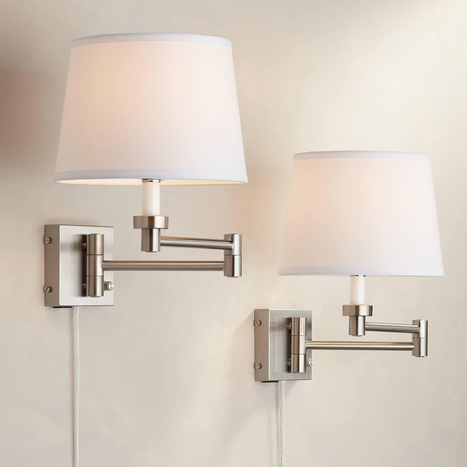 360 Lighting Vero Modern Swing Arm Wall Lamps Set of 2 with USB Charging Port Brushed Nickel Plug-in Light Fixture White Hardback Drum Shade for Bedroom Bedside Living Room Reading House